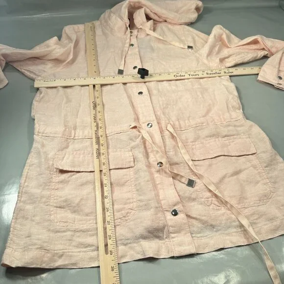 Rachel Roy Linen Hooded Snap Jacket Women Cinch Waist Lightweight Long Sleeve - Picture 9 of 15